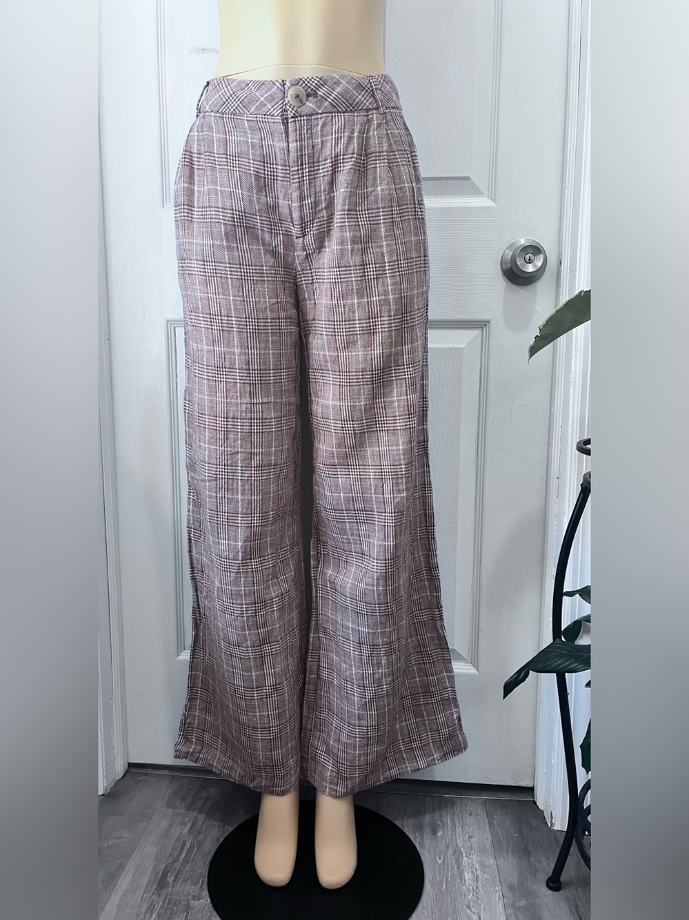 Anthropologie Plaid Wide-Leg Pants in Taupe and Ivory